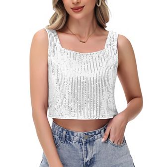 Women's Sequin Square Neck Tank Top with Sleeveless Design and Cropped Fit