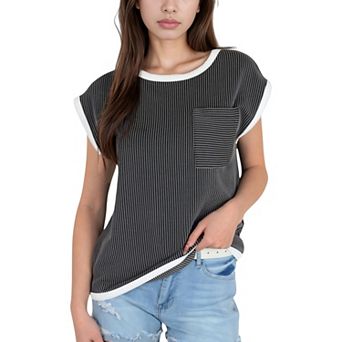 Women's Sleeveless Striped Knit Top with Contrast Trim and Chest Pocket Detail