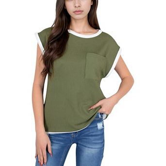 Women's Sleeveless Striped Knit Top with Contrast Trim and Chest Pocket Detail