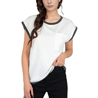 Women's Sleeveless Striped Knit Top with Contrast Trim and Chest Pocket Detail