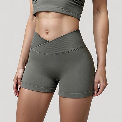 Women's High Waist Seamless Ribbed Biker Shorts with Crossover Waistband and Compression Fit