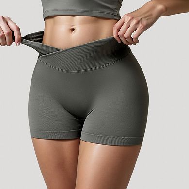 Women's High Waist Seamless Ribbed Biker Shorts with Crossover Waistband and Compression Fit