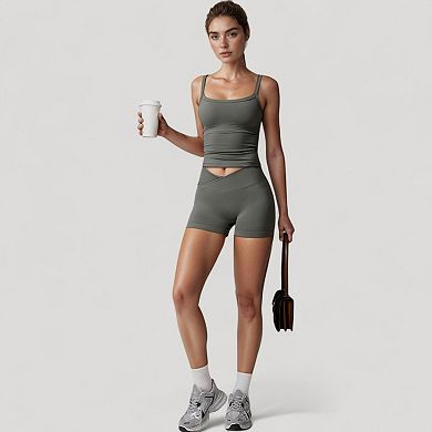 Women's High Waist Seamless Ribbed Biker Shorts with Crossover Waistband and Compression Fit