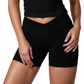 Women's High Waist Seamless Ribbed Biker Shorts with Crossover Waistband and Compression Fit