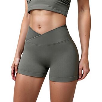 Women's High Waist Seamless Ribbed Biker Shorts with Crossover Waistband and Compression Fit