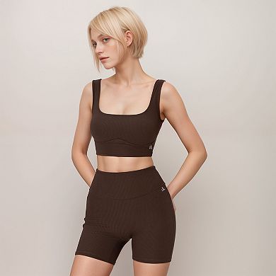 Women's Ribbed Seamless Scoop Neck Crop Top with Wide Straps and Subtle Contour Stitching