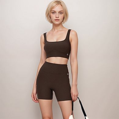 Women's Ribbed Seamless Scoop Neck Crop Top with Wide Straps and Subtle Contour Stitching