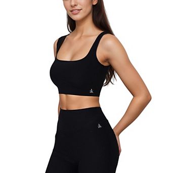 Women's Ribbed Seamless Scoop Neck Crop Top with Wide Straps and Subtle Contour Stitching