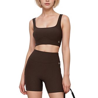 Women's Ribbed Seamless Scoop Neck Crop Top with Wide Straps and Subtle Contour Stitching