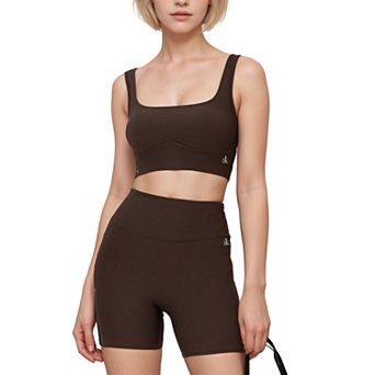 Women's Ribbed Seamless Scoop Neck Crop Top with Wide Straps and Subtle Contour Stitching