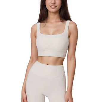 Women's Ribbed Seamless Scoop Neck Crop Top with Wide Straps and Subtle Contour Stitching