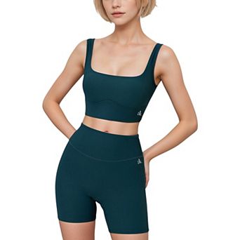 Women's Ribbed Seamless Scoop Neck Crop Top with Wide Straps and Subtle Contour Stitching
