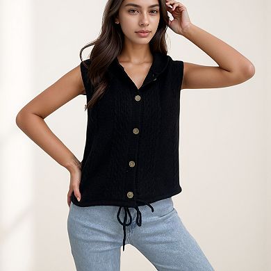 Women's Hooded Knit Button Down Vest with Drawstring Hem and Textured Cable Pattern