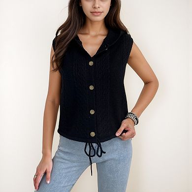 Women's Hooded Knit Button Down Vest with Drawstring Hem and Textured Cable Pattern