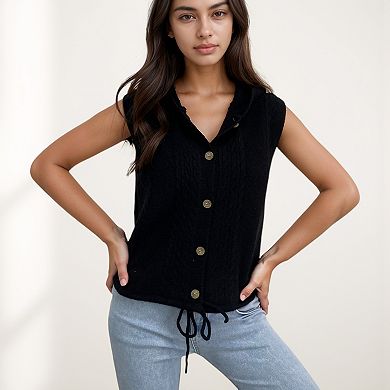 Women's Hooded Knit Button Down Vest with Drawstring Hem and Textured Cable Pattern