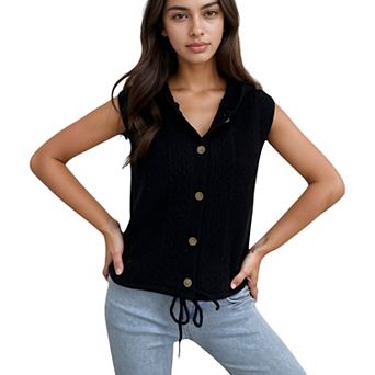 Women's Hooded Knit Button Down Vest with Drawstring Hem and Textured Cable Pattern