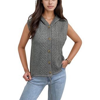 Women's Hooded Knit Button Down Vest with Drawstring Hem and Textured Cable Pattern