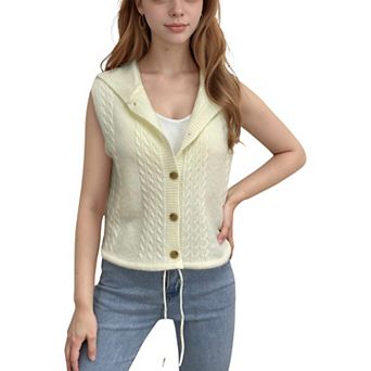 Women's Hooded Knit Button Down Vest with Drawstring Hem and Textured Cable Pattern