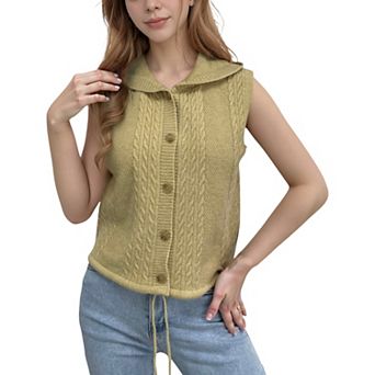 Women's Hooded Knit Button Down Vest with Drawstring Hem and Textured Cable Pattern