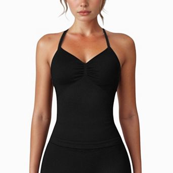 Women's Seamless Padded Cami Tank Top with Ruched Front Detail and Adjustable Halter Straps