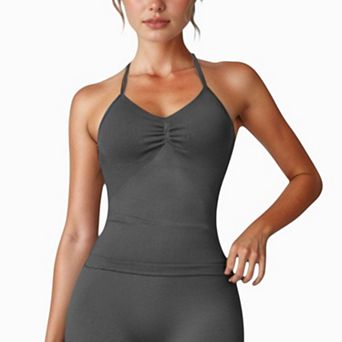 Women's Seamless Padded Cami Tank Top with Ruched Front Detail and Adjustable Halter Straps