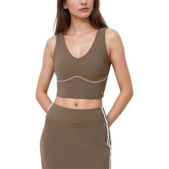 Women's Seamless V-Neck Crop Top with Contour Stitching and Contrast Piping Detail