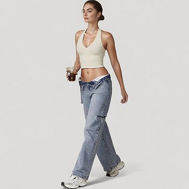 Women's Seamless Ribbed Knit Halter Crop Top with V-Neckline and Built-In Support