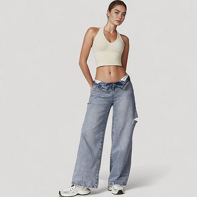Women's Seamless Ribbed Knit Halter Crop Top with V-Neckline and Built-In Support