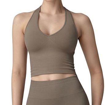 Women's Seamless Ribbed Knit Halter Crop Top with V-Neckline and Built-In Support