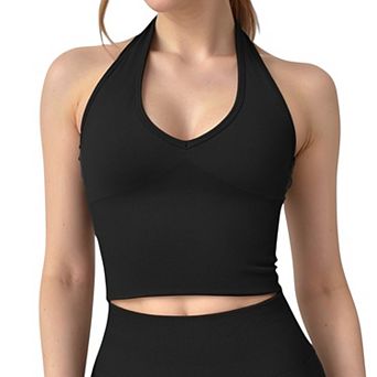 Women's Seamless Ribbed Knit Halter Crop Top with V-Neckline and Built-In Support