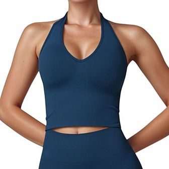 Women's Seamless Ribbed Knit Halter Crop Top with V-Neckline and Built-In Support