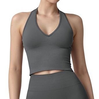Women's Seamless Ribbed Knit Halter Crop Top with V-Neckline and Built-In Support