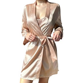 Women's Satin Short Robe with Matching Slip Lingerie Set and Waist Tie Shawl Collar