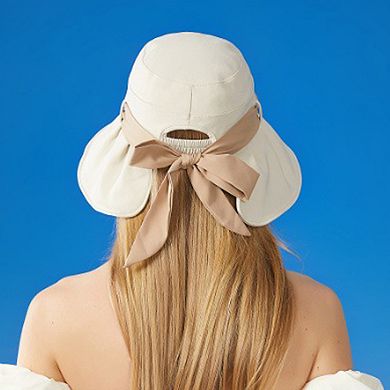 Women's Wide Brim Floppy Sun Hat with Contrast Bow Band and Structured Crown