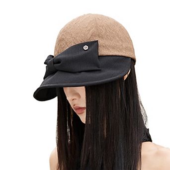 Women's Structured Visor Cloche Hat with Oversized Bow and Textured Dome Crown