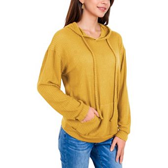 Women's Waffle Knit Long Sleeve Hoodie with Front Pockets