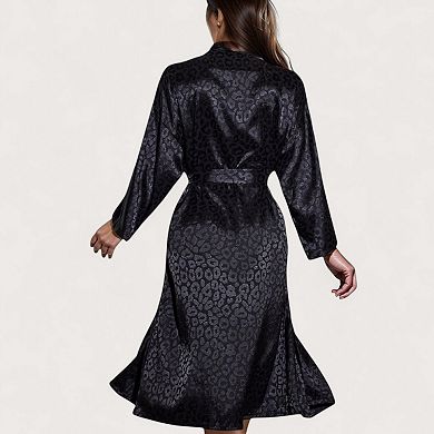Women's Satin Leopard Print Long Robe with Waist Tie and Kimono Sleeves