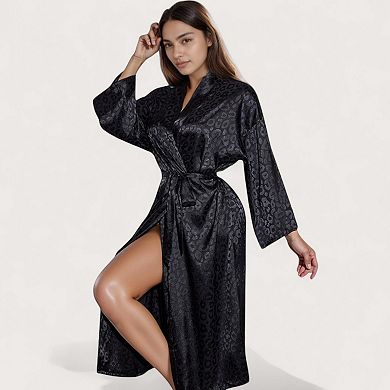 Women's Satin Leopard Print Long Robe with Waist Tie and Kimono Sleeves