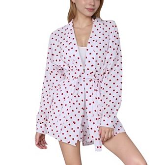 Women's Heart Print Long Sleeve Robe with Matching Belted Waist and Relaxed Fit
