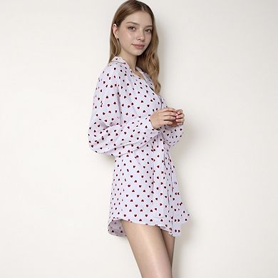Women's Heart Print Long Sleeve Robe with Matching Belted Waist and Relaxed Fit