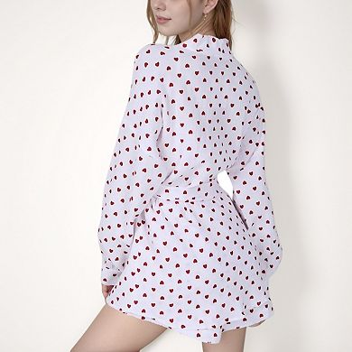 Women's Heart Print Long Sleeve Robe with Matching Belted Waist and Relaxed Fit