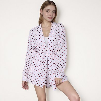 Women's Heart Print Long Sleeve Robe with Matching Belted Waist and Relaxed Fit
