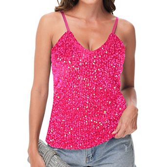 Women's Sequined Spaghetti Strap V-Neck Camisole Top for Party and Night Out