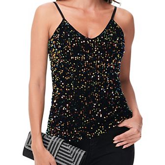 Women's Sequined Spaghetti Strap V-Neck Camisole Top for Party and Night Out