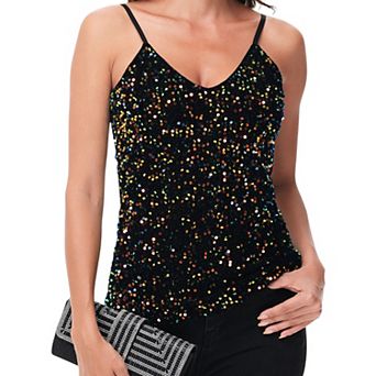 Women's Sequined Spaghetti Strap V-Neck Camisole Top for Party and Night Out