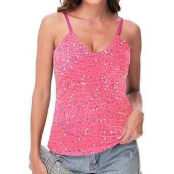 Women's Sequined Spaghetti Strap V-Neck Camisole Top for Party and Night Out