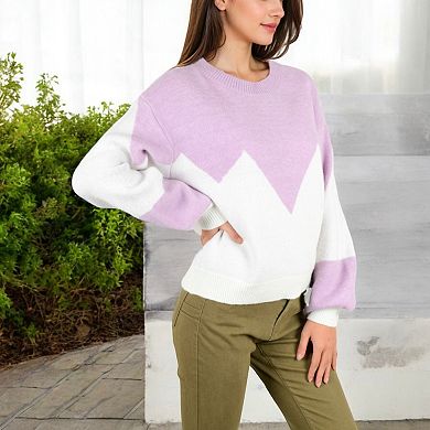 Women's Zigzag Color Block Sweater with Long Sleeves and Crew Neck