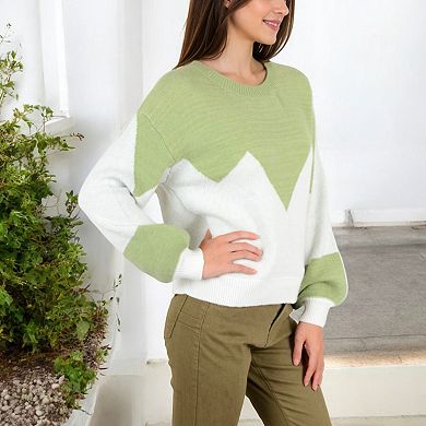 Women's Zigzag Color Block Sweater with Long Sleeves and Crew Neck