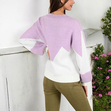 Women's Zigzag Color Block Sweater with Long Sleeves and Crew Neck
