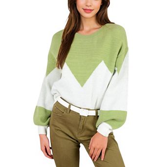 Women's Zigzag Color Block Sweater with Long Sleeves and Crew Neck